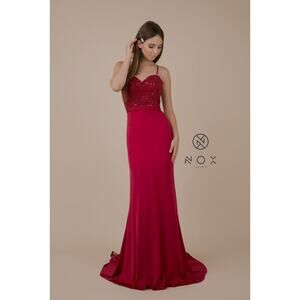 Nox Anabel Sequined Mermaid Prom Sweetheart Maxi Dress w/ Lace Floral Train | S